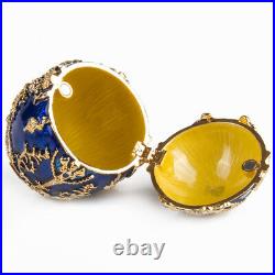 Russian Faberge Egg Replica Music Box Blue Gold Tsarevich Egg on a Stand