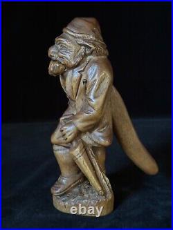 STANDING MAN CARVED NUTCRACKER Pipe & Umbrella Antique Swiss Black Forest c1880