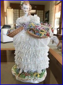 Sitzendorf Dresden Lace Girl With Flower Baskets Porcelain Figurine Germany