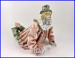 Smiling Porcelain Clown Laying On Belly, Blonde Hair, Green Hat, Made In Italy