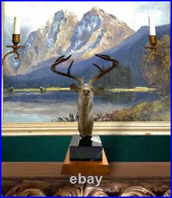 Statue Deer Stag Antler Metal on Marble and Wood Base Vintage Cabin Office Decor