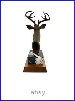 Statue Deer Stag Antler Metal on Marble and Wood Base Vintage Cabin Office Decor