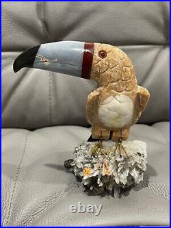Stone & Mineral Carved Toucan Bird Statue Figurine on Quartz Stand Possibly Peru