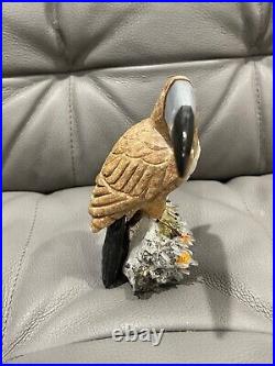 Stone & Mineral Carved Toucan Bird Statue Figurine on Quartz Stand Possibly Peru
