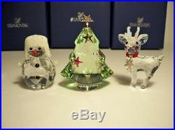 Swarovski 3 Pc Set Snowman Christmas Tree Chrysolite Baby Reindeer Retired Bnib