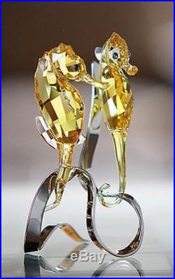 Swarovski Colored Crystal Figurine Pair Of Golden FO Seahorses #5103233 New