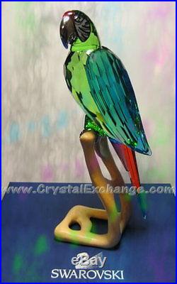 Swarovski Crystal Chrome Green Macaw Bird 685824 Retired in 2011. MIB + COA