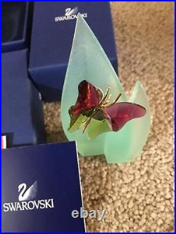 Swarovski Retired Paradise Abala Ruby Butterfly With Lucite Leaf Stand Nib