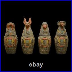 UNIQUE ANCIENT EGYPTIAN STATUE 4 Canopic Jar Anubis & Isis Carving Handmade