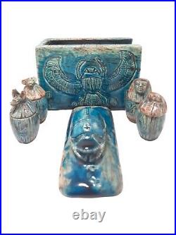 UNIQUE ANTIQUE ANCIENT EGYPTIAN Box 4 Canopic Jars Winged Scarab Hieroglyphic