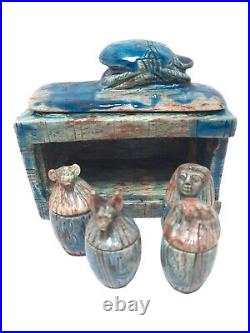 UNIQUE ANTIQUE ANCIENT EGYPTIAN Box 4 Canopic Jars Winged Scarab Hieroglyphic