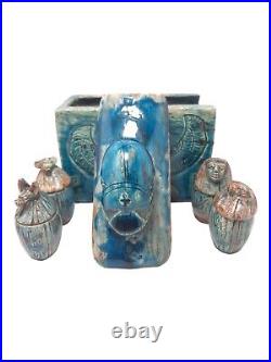 UNIQUE ANTIQUE ANCIENT EGYPTIAN Box 4 Canopic Jars Winged Scarab Hieroglyphic