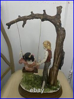 VTG Dear Sculpture Artistiche Hand PaintedMan & Women On Swing Italy ABelcari