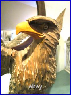 VTG Hand Carved Wood Eagle Hawk Large Sculpture Origins Unknown Dramatic