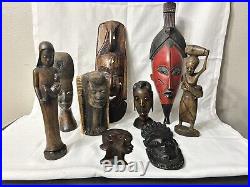 VTG Lot Of African Tribal Wooden Carved Masks Statues And Bust Collectors