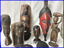 VTG Lot Of African Tribal Wooden Carved Masks Statues And Bust Collectors
