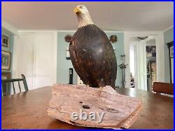 Vintage American Outsider / Folk Art Carved Wood Bald Eagle Bird Figure on Log