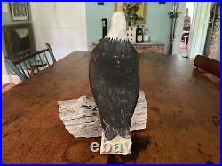Vintage American Outsider / Folk Art Carved Wood Bald Eagle Bird Figure on Log