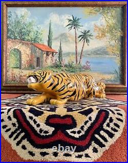 Vintage Bengal Tiger Statue Glazed Hand Painted Ceramic 21 1977 Home Decor