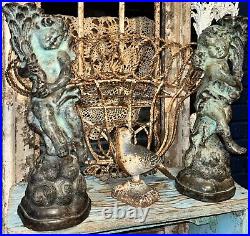 Vintage Bronze Cherub Putti Candle Holders Sculptures French Country