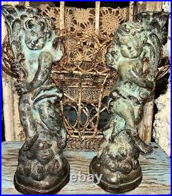 Vintage Bronze Cherub Putti Candle Holders Sculptures French Country