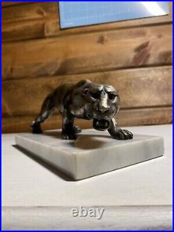 Vintage Bronze Sculpture Of A Creeping Panther On Marble Base Beautiful