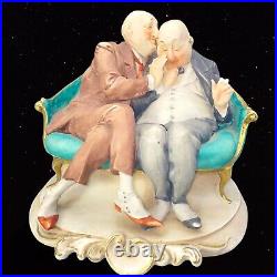 Vintage Capodimonte Figurine Barzelletta Two Men Sitting Couch Signed Pacci 44