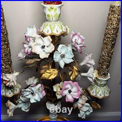 Vintage Capodimonte Porcelain Large Candelabra Flowers