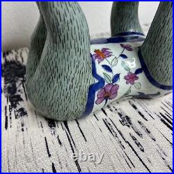 Vintage Ceramic Monkey on Back Holding Dish Chinoiserie Trinket Blue Floral