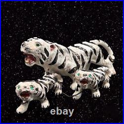 Vintage Ceramic Tiger With Chain Leashed Figurines Green Eyes Gold Fleck Japan