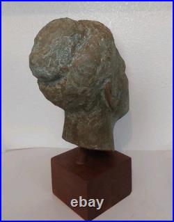 Vintage Clay Bust withWooden Stand Signed LW-Nice Condition 13.5 X 6.5 X 8.5