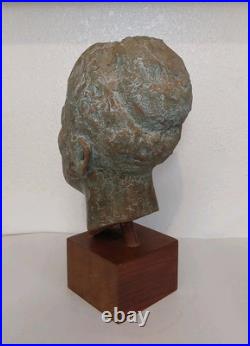 Vintage Clay Bust withWooden Stand Signed LW-Nice Condition 13.5 X 6.5 X 8.5