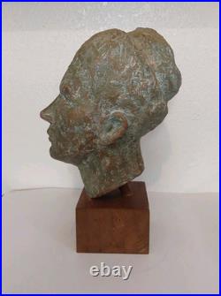 Vintage Clay Bust withWooden Stand Signed LW-Nice Condition 13.5 X 6.5 X 8.5
