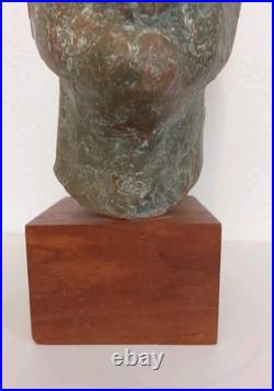 Vintage Clay Bust withWooden Stand Signed LW-Nice Condition 13.5 X 6.5 X 8.5