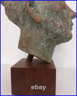 Vintage Clay Bust withWooden Stand Signed LW-Nice Condition 13.5 X 6.5 X 8.5