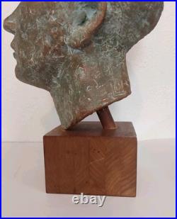 Vintage Clay Bust withWooden Stand Signed LW-Nice Condition 13.5 X 6.5 X 8.5