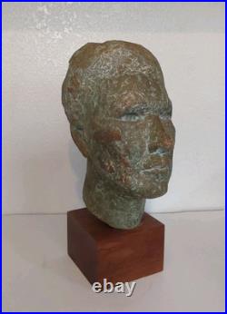 Vintage Clay Bust withWooden Stand Signed LW-Nice Condition 13.5 X 6.5 X 8.5