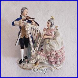 Vintage Dresden Lace Figurine Man & Woman Playing Violin & Harp 7 1/2 Tall