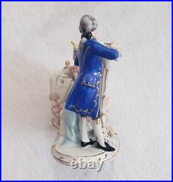 Vintage Dresden Lace Figurine Man & Woman Playing Violin & Harp 7 1/2 Tall