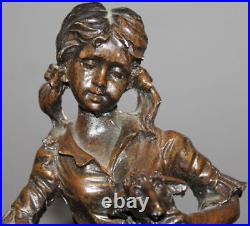 Vintage European Hand Made Girl Holding Sheep Plaster Figurine