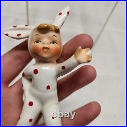 Vintage Geo Z Lefton Ceramic Bunny Figurine Child Red Polka Dot Easter Lot Of 2