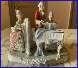 Vintage German Polychrome Porcelain Group Music Players Piano Harp Signed Statue