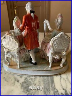 Vintage German Polychrome Porcelain Group Music Players Piano Harp Signed Statue