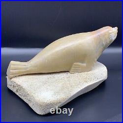 Vintage Hand Carved Stone Soaptone Seal On Base Signed Heavy 4.5T 7W
