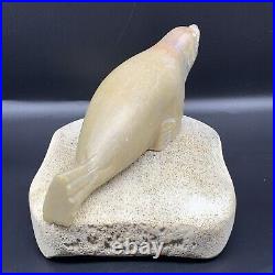 Vintage Hand Carved Stone Soaptone Seal On Base Signed Heavy 4.5T 7W
