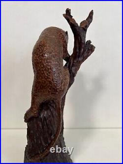 Vintage Handcarved Wooden Leopard Statue on Wood Branch, 17 Tall, 7 1/2 Widest