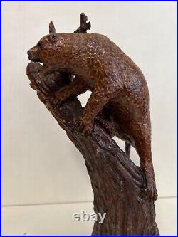 Vintage Handcarved Wooden Leopard Statue on Wood Branch, 17 Tall, 7 1/2 Widest