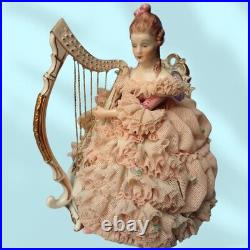 Vintage Irish Dresden Porcelain Lace Figurine, Lady Playing Harp