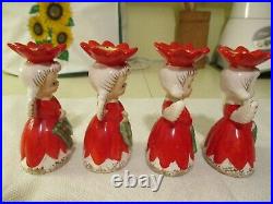 Vintage Japan Napco Set Of Ceramic Noel Poinsettia Girl Angel Candel Holders