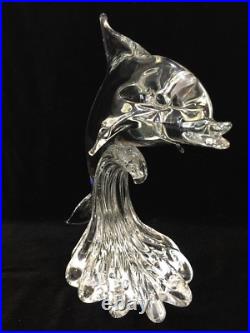 Vintage Large Fauttes L. Crystal Dolphin Figurine, Signed, 12 7/8 T x 13 1/2 W